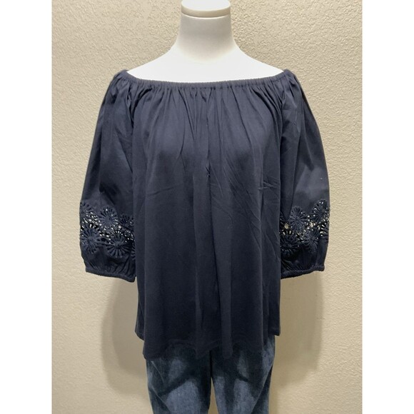 Loft, Women’s, 3/4 Puff Sleeve, Large Eyelet Flower Details, Navy Blue, Size: M - Picture 1 of 5